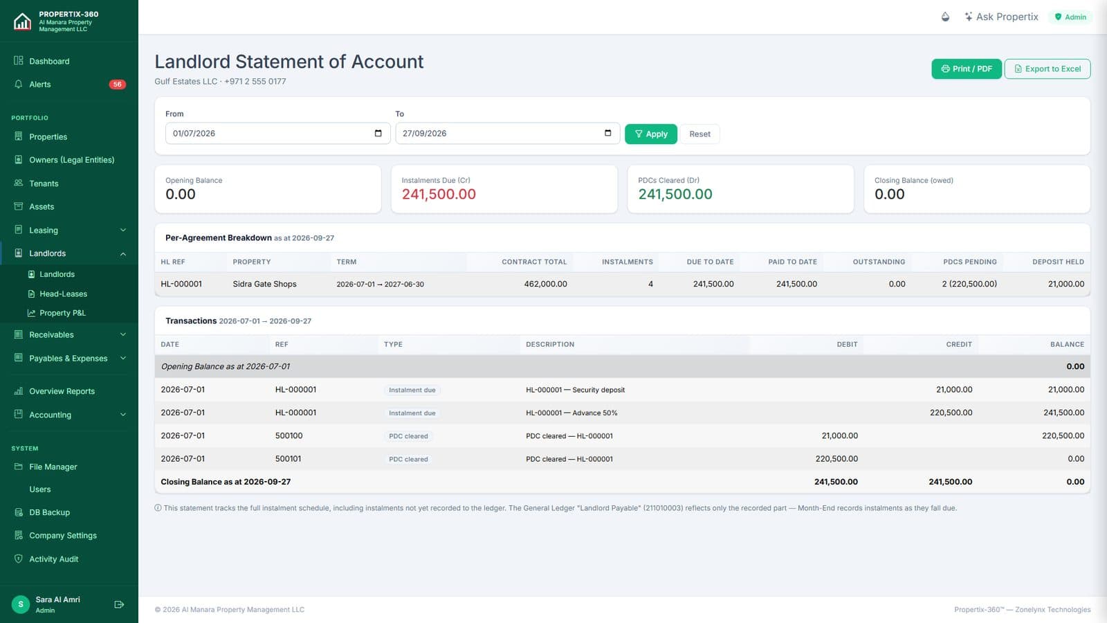 Landlord statement of account